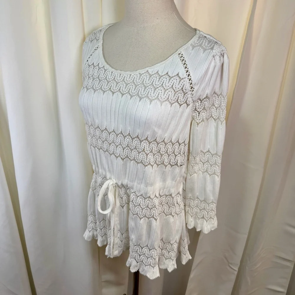 Free People ‘Fire Island’ Embroidered Keyhole Open Knit Peasant Top in White M